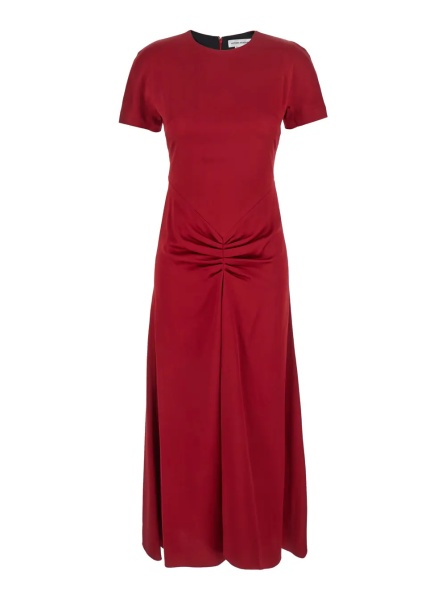 Rochii Red Crewneck Midi Dress with Gathered Waist and Rear Zip Closure in Viscose Blend Woman