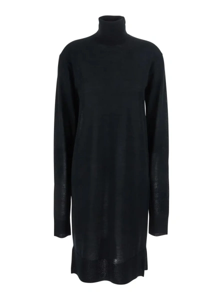 Rochii TOTÊME Black Turtleneck Dress with Side Slits in Wool and Silk Blend Woman
