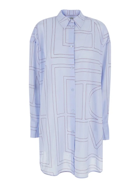 Rochii TOTÊME Blue Long Dress with Classic Collar and All-Over Monogram Logo in Cotton Blend for Women