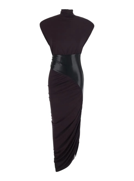 Rochii 'URSULA' dark burgundy Dress with Ecoleather details and draped design in viscose for women