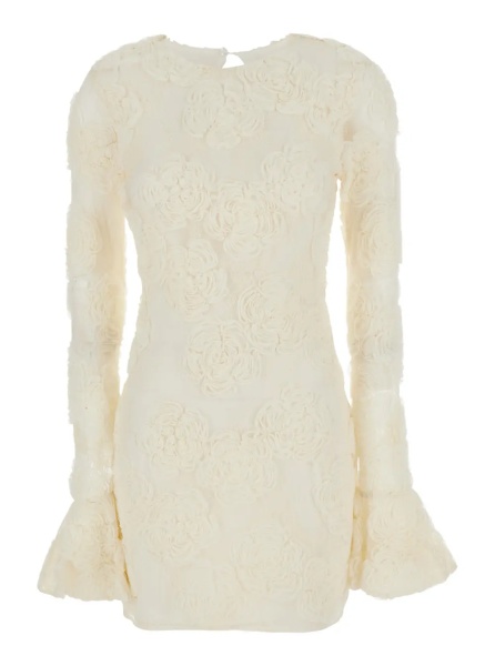 Rochii White Mini Dress with Long Flared Sleeves and All-Over Floral Embroidery in Tech Fabric for Women