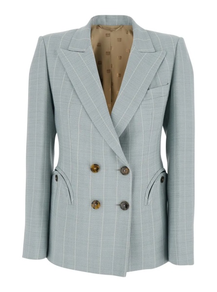 Sacou 'After You' Light blue Double-breasted Jacket with Peak revers and Striped Motif in viscose blend for women