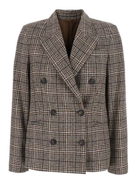 Sacou Beige Double-breasted Jacket with Peak Revers and All-Over Check Motif in Wool for Women