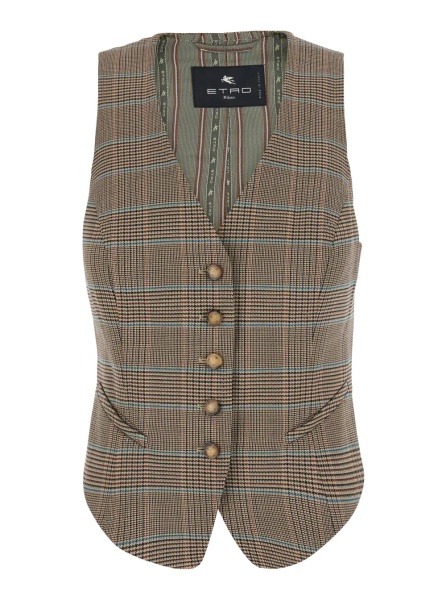 Sacou Beige Single-Breasted Vest with V-Neck and Prince of Wales Motif in Blend Wool Women