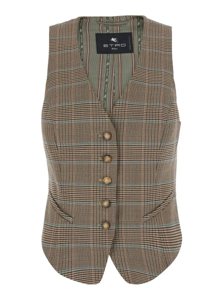 Sacou Beige Single-Breasted Vest with V-Neck and Prince of Wales Motif in Blend Wool Women