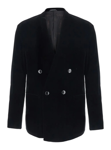 Sacou Black Jacket without collar with button closure on the front in velvet for men
