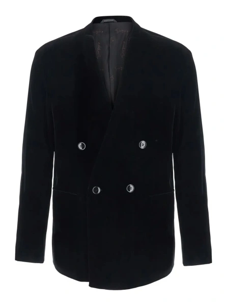Sacou Black Jacket without collar with button closure on the front in velvet for men
