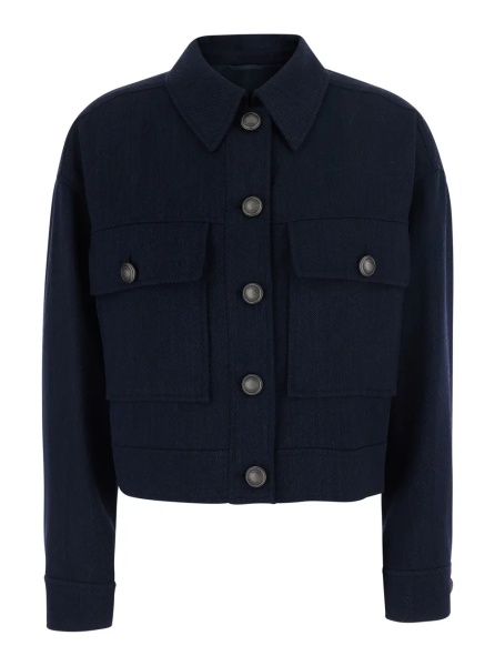 Sacou Blue Crop Jacket with Classic Collar and Monile Decoration in Wool for Women