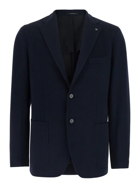 Sacou Blue Single-breasted Jacket with Notched Revers and Brooch in Wool for Men