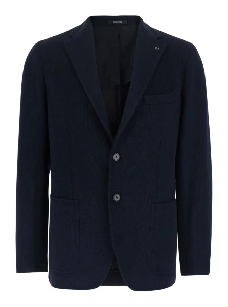 Sacou Blue Single-breasted Jacket with Notched Revers and Brooch in Wool for Men