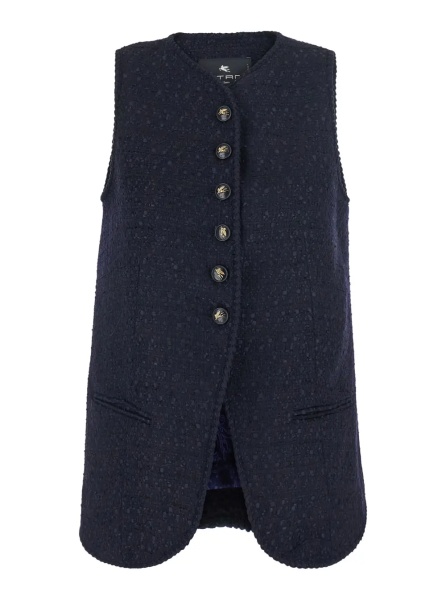 Sacou Blue Sleeveless Round Neck Jacket with A-Line Design in Blend Wool Women