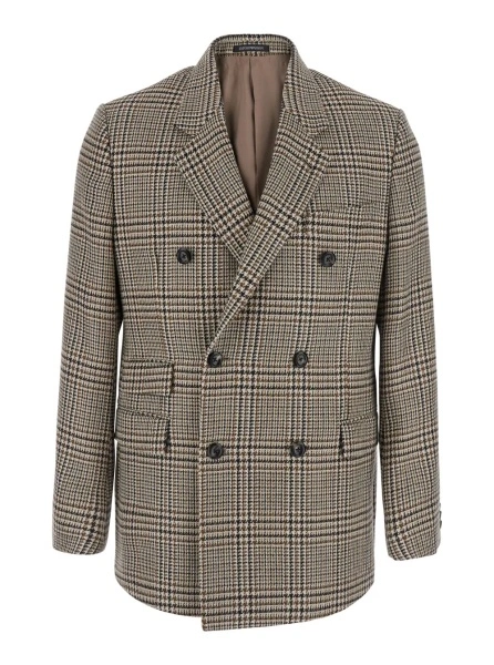 Sacou brown Double-breasted blazer with all-over Prince of Wales motif in wool blend for men