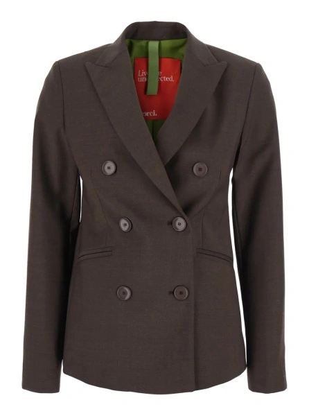 Sacou Brown Double-breasted Jacket with Peak revers in wool Blend for women