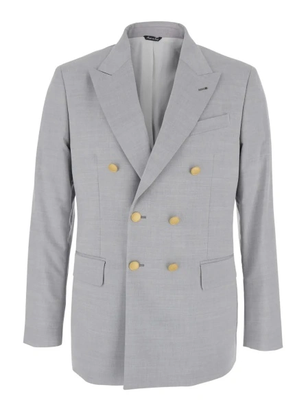Sacou Double-breasted jacket with peak revers in virgin wool blend and cotton gray men