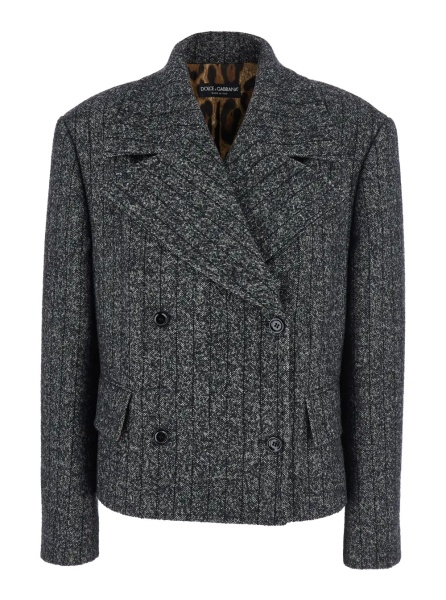 Sacou Grey Double-Breasted Jacket with Notched Revers in Wool Blend Woman