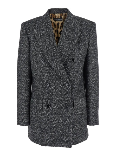 Sacou Grey Double-Breasted Jacket with Peak Revers in Wool Blend Woman