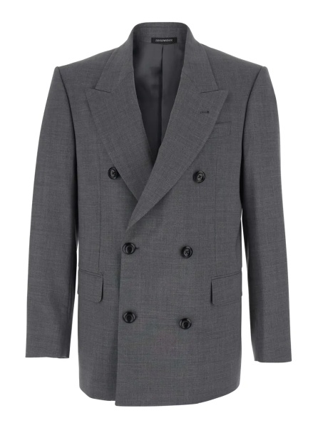 Sacou Grey Double-breasted Jacket with Peak Revers in Wool for Men