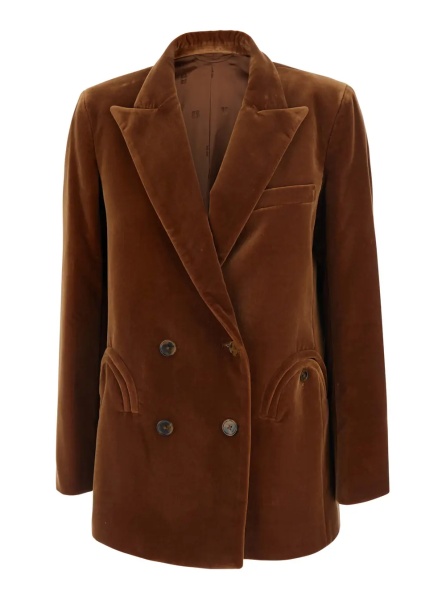 Sacou 'Jealousy' Brown double-breasted jacket with Peak Revers in Velvet for Women