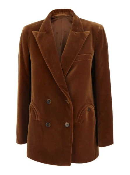 Sacou 'Jealousy' Brown double-breasted jacket with Peak Revers in Velvet for Women