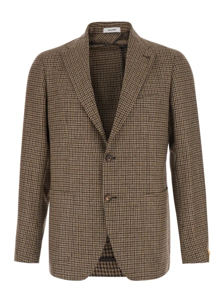 Sacou 'Montecarlo' Brown Single-breasted Jacket with Notched Revers and Houndstooth Motif in Wool for Men