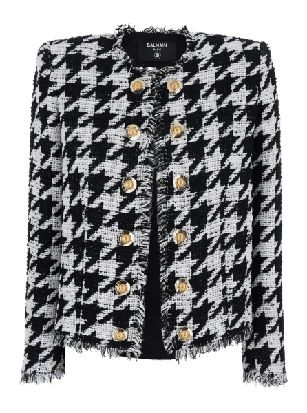 Sacou 'Spencer' Black and White Jacket with All-Over Check Motif and Fringed Hem in Cotton Blend Woman