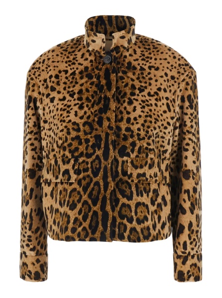 Sacou 'Tedro' Brown Crop Jacket with Raised Collar and All-Over Leopard Motif in Velvet for Women