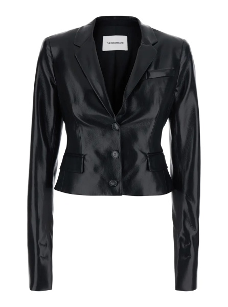 Sacou 'ZEFIRA' black Jacket with Notched revers and crop design in eco-leather for women