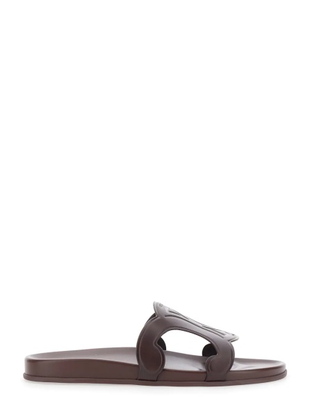 Sandale Brown Leather Slip-On Design Sandals with Maxi Triomphe on the Strap for Men