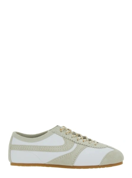 Sneakers White Low Top Sneakers with Embossed Logo on the Tongue in Leather and Suede Woman