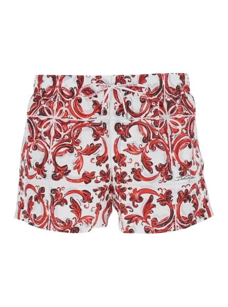Sorturi Bordeaux Swim shorts with Elasticated Waist and Drawstring and All-Over Majolica Print in Tech Fabric for Men