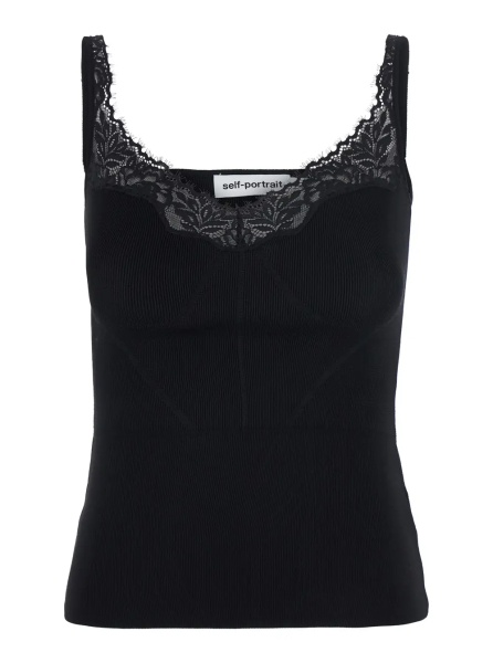 Topuri Black Sleeveless Top with Lace Embroidery in Cotton Blend for Women