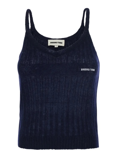 Topuri Blue Top with Brushed-effect and Logo Lettering in Mohair and Wool Blend Women