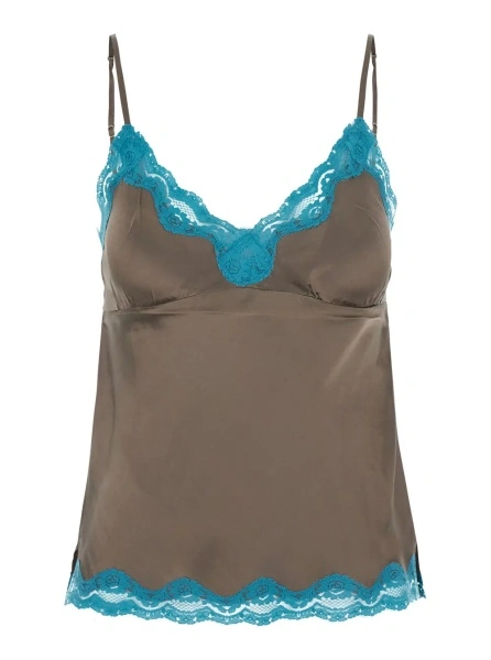Topuri brown Top with spaghetti straps and lace details in fabric for women