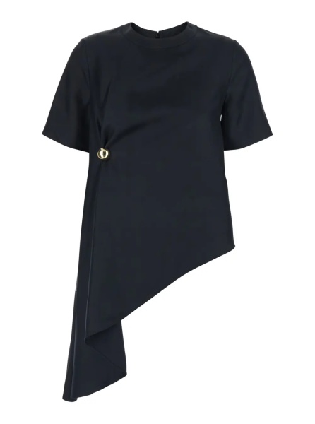 Topuri 'Madea' Black Crew Neck Top with Draping and Asymmetrical Design in Silk for Women