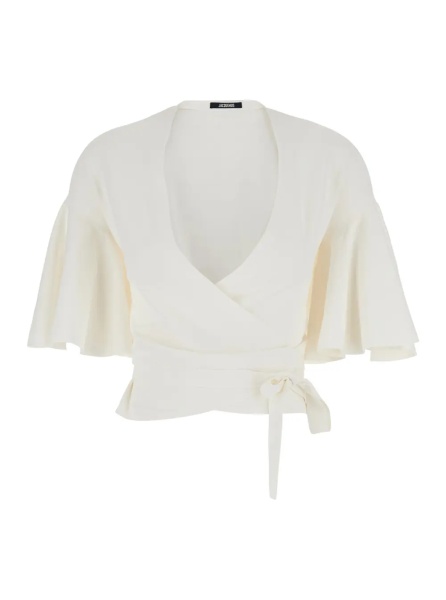 Topuri White Top with Crossed Neck In Tech Fabric for Women