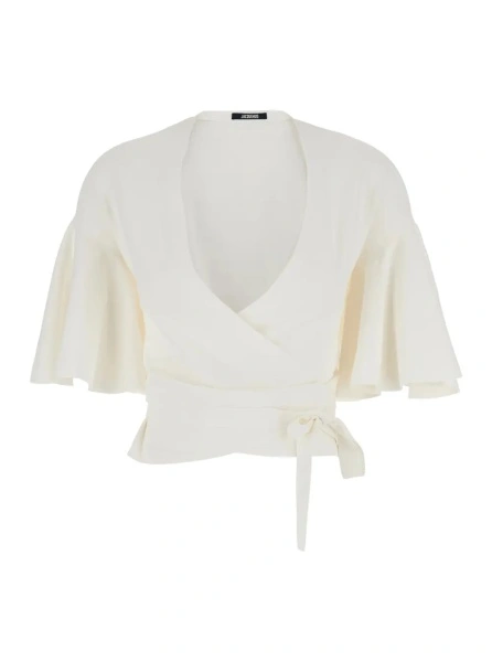 Topuri White Top with Crossed Neck In Tech Fabric for Women