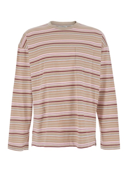 Tricou Beige Long Sleeve T-Shirt with All-Over Stripe Motif in Cotton for Men