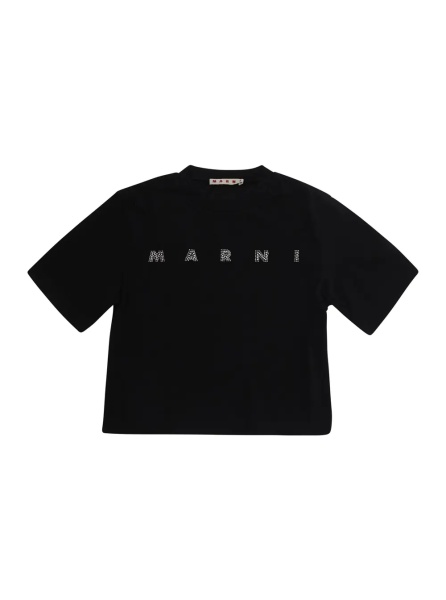 Tricou Black Crew Neck T-Shirt with Logo lettering on the Front in Cotton Girl