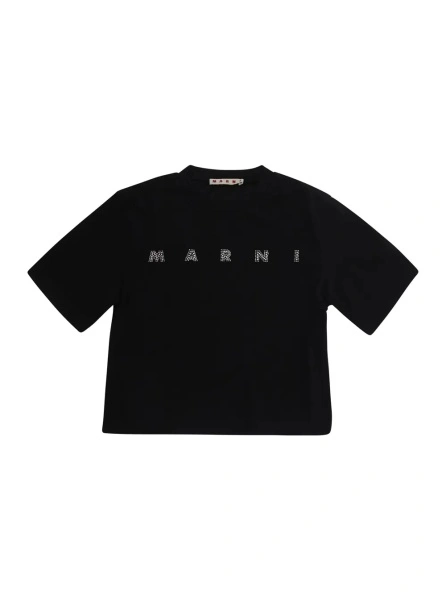 Tricou Black Crew Neck T-Shirt with Logo lettering on the Front in Cotton Girl