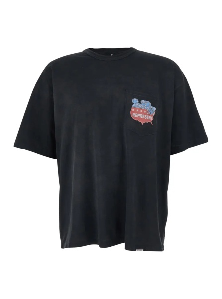 Tricou Black Crew Neck T-Shirt with Patch Pocket with Logo on the Front and Maxi Print on the Back in Cotton for Men