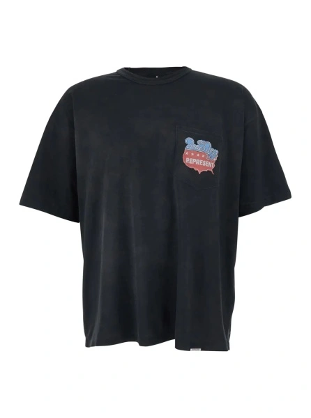 Tricou Black Crew Neck T-Shirt with Patch Pocket with Logo on the Front and Maxi Print on the Back in Cotton for Men