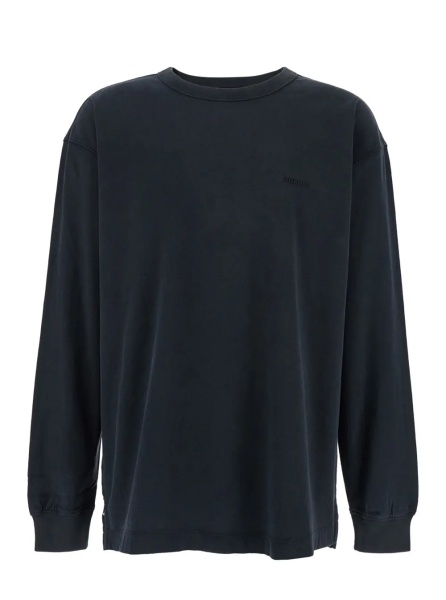 Tricou Black Crewneck T-Shirt with Long Sleeves and Tonal Logo Lettering Embroidery on the Front in Cotton Man