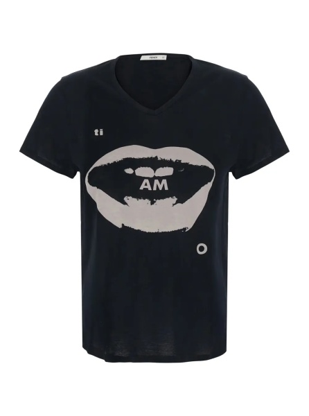 Tricou Black T-shirt with V Neck and Print on the Front in Cotton for Women