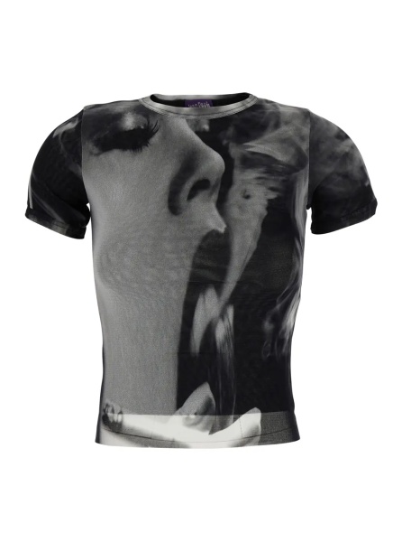 Tricou Black Top with Short Sleeves and Smoking Women Print in Tech Fabric for Women