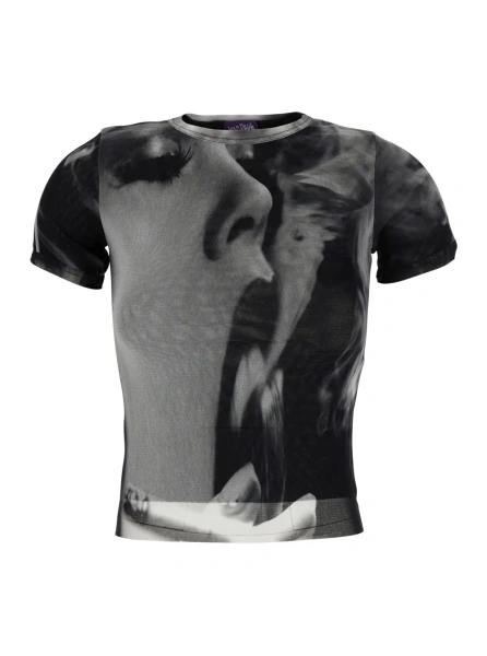 Tricou Black Top with Short Sleeves and Smoking Women Print in Tech Fabric for Women