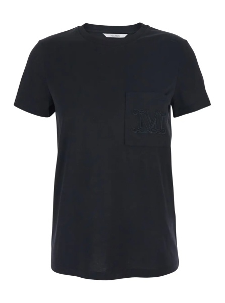 Tricou 'Papaia' Black Crewneck T-Shirt with One Front Patch Pocket with Logo Embroidery in Cotton Woman