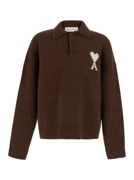 Tricou polo AMI Paris maro din lana