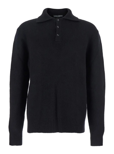Tricou Polo Black Sweater with Polo Collar and Back Logo Patch in Wool Man