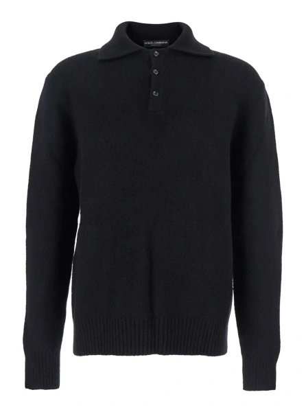 Tricou Polo Black Sweater with Polo Collar and Back Logo Patch in Wool Man