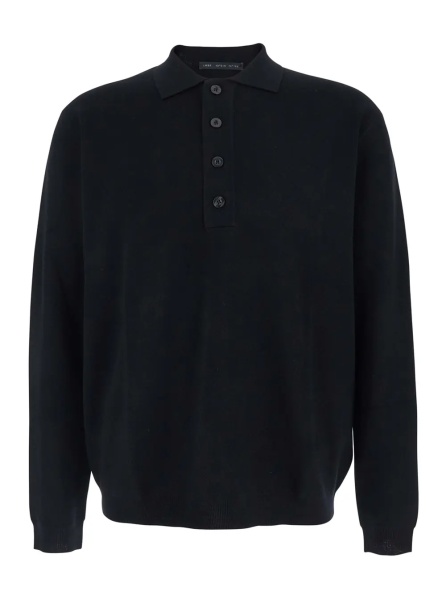 Tricou Polo Black Sweater with Polo Shirt Style Collar and Long Sleeves in Wool Man